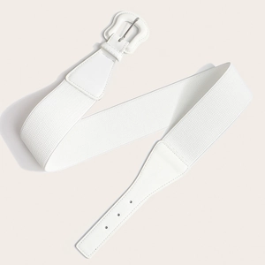 Detail of white elastic waist belt with leather trim and silver metal pin buckle
