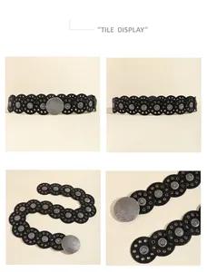 Detalle de cinturón bohemio de cuero negro con remaches y hebilla redonda martillada