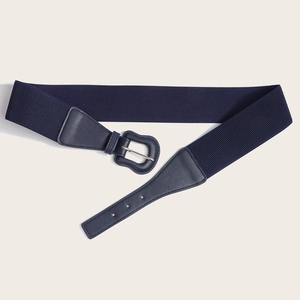 Navy blue elastic wide waist belt for women with elegant leather covered buckle