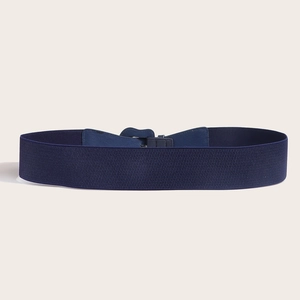 Detailed view of the navy blue wide elastic waist belt with premium leather connection