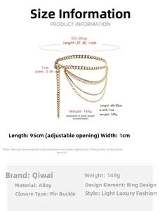 Detail of adjustable gold layered waist chain with rhinestones, 95cm length specs