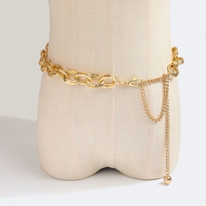 Elegant gold metal chain belt with large oval links and layered tassel detail for dresses