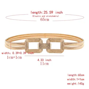 Elastic gold metal waist chain with geometric buckle and textured wave pattern design