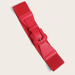 Elegant red elastic wide waist belt with decorative metal pin buckle for coats