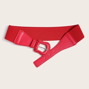 Detailed macro shot of red elastic stretch belt with matching red leather pin buckle