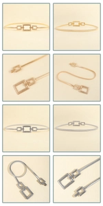 Detail of gold and silver elastic snake chain belts with triple square metal buckle