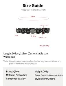Detailed size chart for Bohemian punk PU leather belt with geometry design and alloy buckle