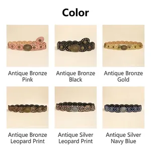 Detail view of bohemian leather belts in six colors with vintage oval metal buckles