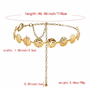 Elegante goudkleurige metalen disc riem voor dames met afmetingen en verstelbare kettingsluiting