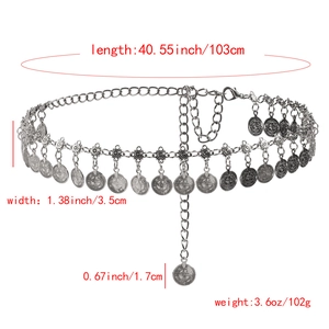 Etnische stijl zilveren metalen tailleketting riem met reliëf munt hangers van 103cm lang