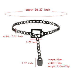 Detailed dimensions of the dark gray cuban link chain belt with a square metal buckle