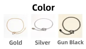 Detailed view of punk style thin metal waist chains in gold, silver, and gun black finishes