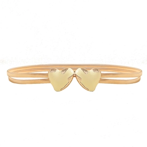 Elegant light gold elastic spring waist chain belt with double heart buckle and enamel detail