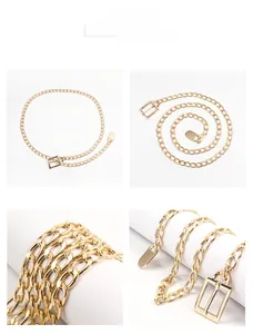 Detailed tile display of a polished gold metal chain belt with a sleek rectangular buckle