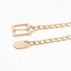 Detailed close-up of a high-polish gold metal chain belt with rectangular pin buckle