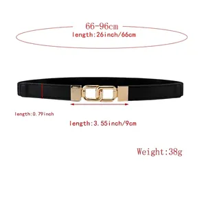 Minimalist elastic skinny waist belt for women with interlocking gold buckle and black strap