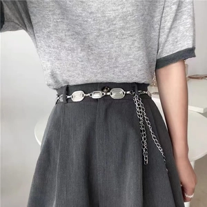 Fashion silver metal chain belt with vintage oval plates and stylish long tassel detail