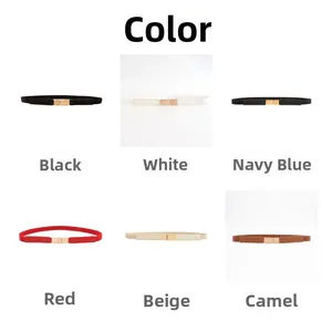 Slim elastic waist belts in six assorted colors with elegant gold rectangular buckles