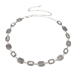 Vintage silver metal waist chain belt with embossed textures and adjustable lobster clasp