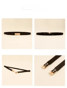 Detail view of women black elastic belt with polished gold metal buckle from four angles