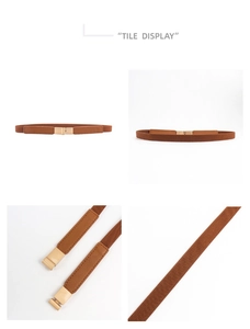 Detail of tan elastic waist belt with textured brown leather and gold metal buckle