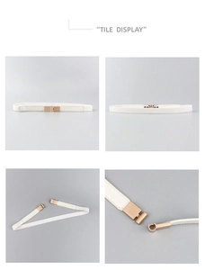 Detail of slim white elastic belt with gold metal interlocking buckle in multiple views