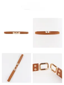 Detail view of caramel brown elastic waist belt with interlocking gold buckle