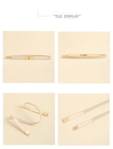 Detail of beige elastic waist belt with gold buckle and smooth leather finishes