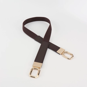 Detail of dark brown elastic skinny belt with polished gold square metal buckle hook