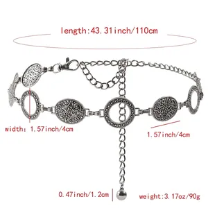 Vintage silver metal waist chain belt with oval floral cutout links for women's dresses