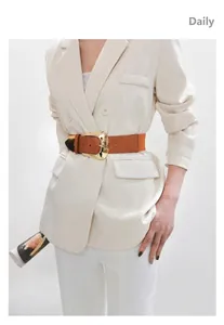Detailansicht Damen Elastik-Gürtel mit braunem Leder und goldener Metallschnalle