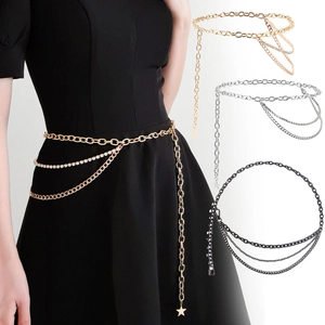 Damen Elegant Legierung Metall Taillenkette Gürtel Mehrlagige Strass Körperkette Mit Sternanhänger Mode Kleid Zubehör