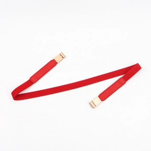 Close-up of slim red elastic belt with gold metal buckle and leather stitching