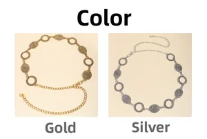 Detail of vintage embossed metal belt chains in gold and silver with adjustable links