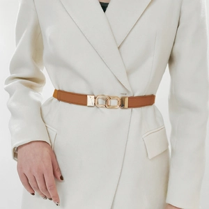 Elegant thin brown leather belt with gold metal interlocking buckle for dresses and blazers