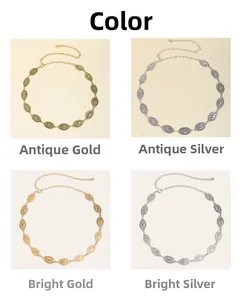 Detail showing four color options of retro geometric engraved metal waist chains