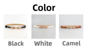 Detail showing women's slim belts with golden leaf buckles in black white and camel colors