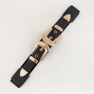 Vintage brede zwarte elastische tailleband met dubbele gouden gebloemde gesp dames