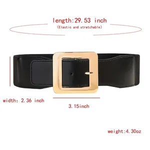Ceinture noire élastique en similicuir pour femmes avec boucle carrée dorée pour robes