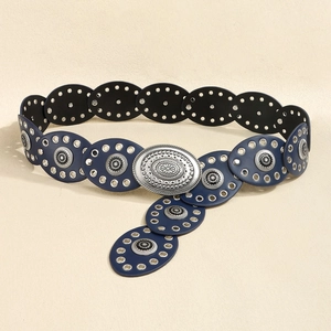 Bohemian blue belt with silver engraved metal buckle and studded leather discs