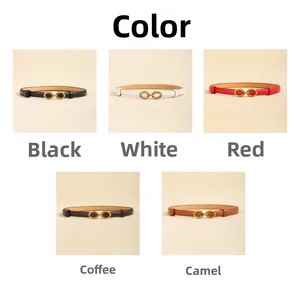 Détail montrant cinq options de couleurs de fines ceintures avec boucles dorées