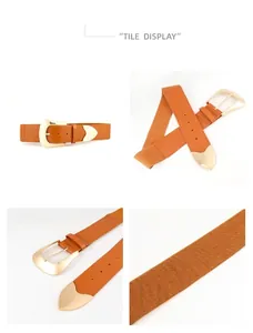 Makro-Detail von kamelbraunem elastischem Gürtel mit goldener Herzschnalle und Leder