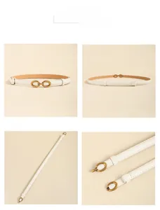 Vues détaillées d'une ceinture fine blanche avec boucle ovale dorée élégante