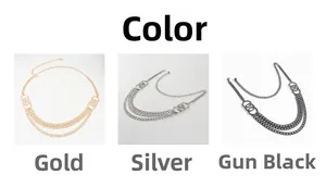 Three-color metal layered waist chain options in gold, silver, and gunmetal black finishes