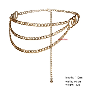 Golden multi-layer metal waist chain with triple draped chains and nested rings, 110cm