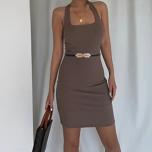 Brown halter knit dress with slim black waist belt and golden leaf buckle ornament