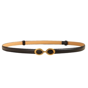 Ceinture fine en cuir noir pour femme avec boucle métallique double ovale dorée