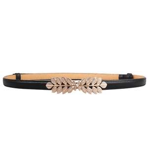 Fashionable black women's slim waist belt with golden leaf buckle for dresses and coats