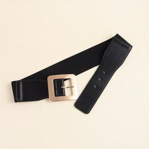 Ceinture large élastique noire en cuir PU pour femme avec boucle carrée dorée chic