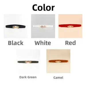 Detail showing various colors of slim women belts with golden leaf buckles for dresses